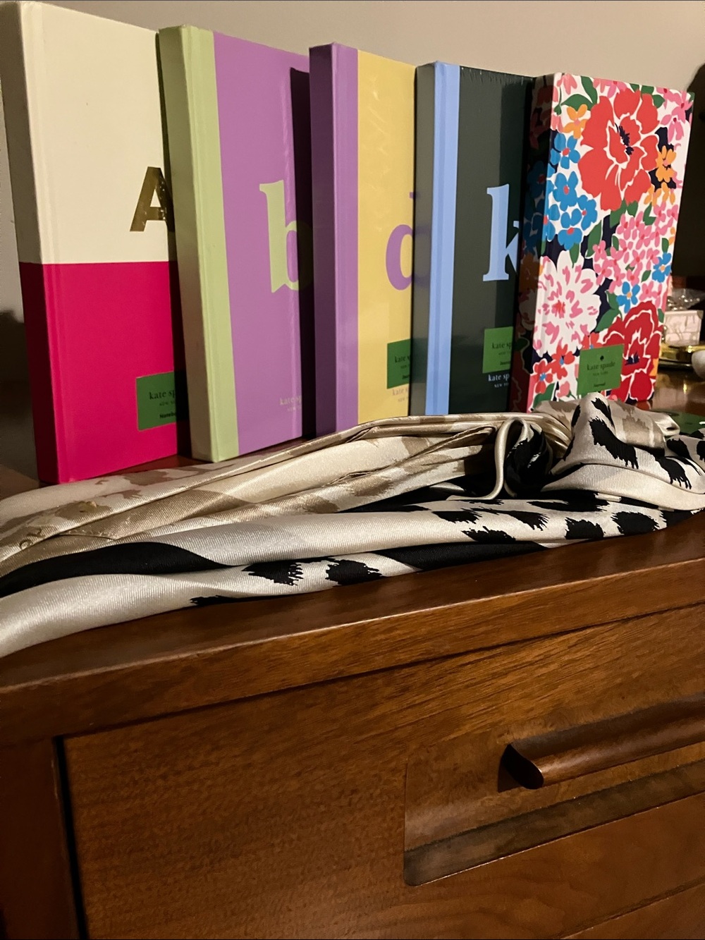 KATE SPADE EVERYTHING:) 1 Black & 1Beige Animal-Print Silk Scarves & 5 JOURNALS